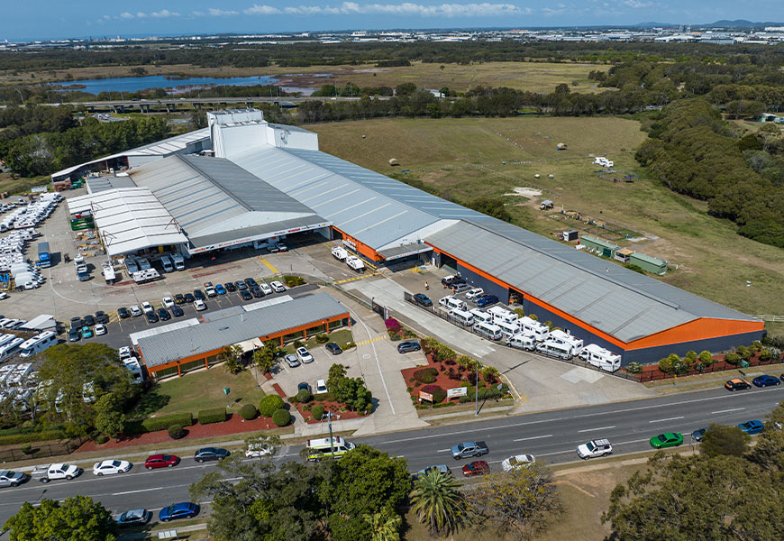 Aerial view of the Winnebago manufacturing warehouse at Apollo motorhomes, Brisbane Australia.