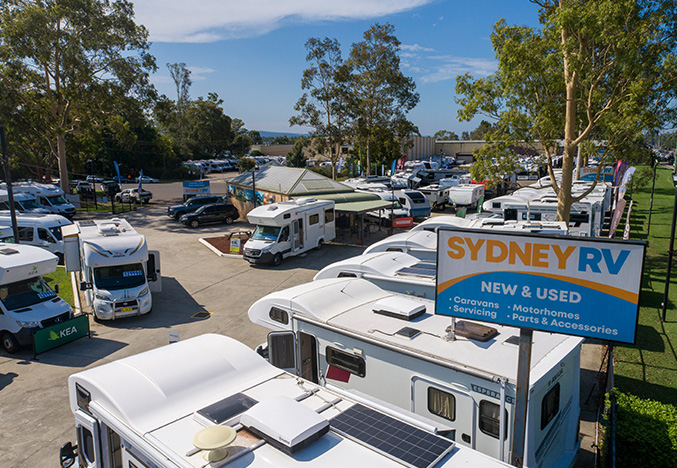 RVs on display out the front of Sydney RV Super Centre