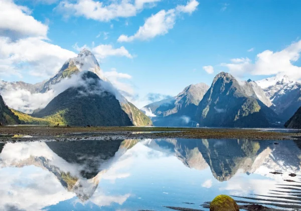 still lake reflecting snowy mountains