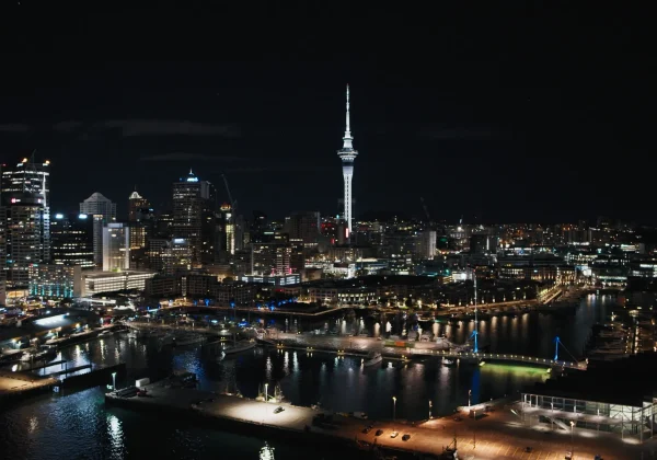 Auckland City at night, aerial view including the sky tower