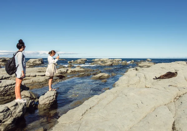 Two people standing on the rocks seaside