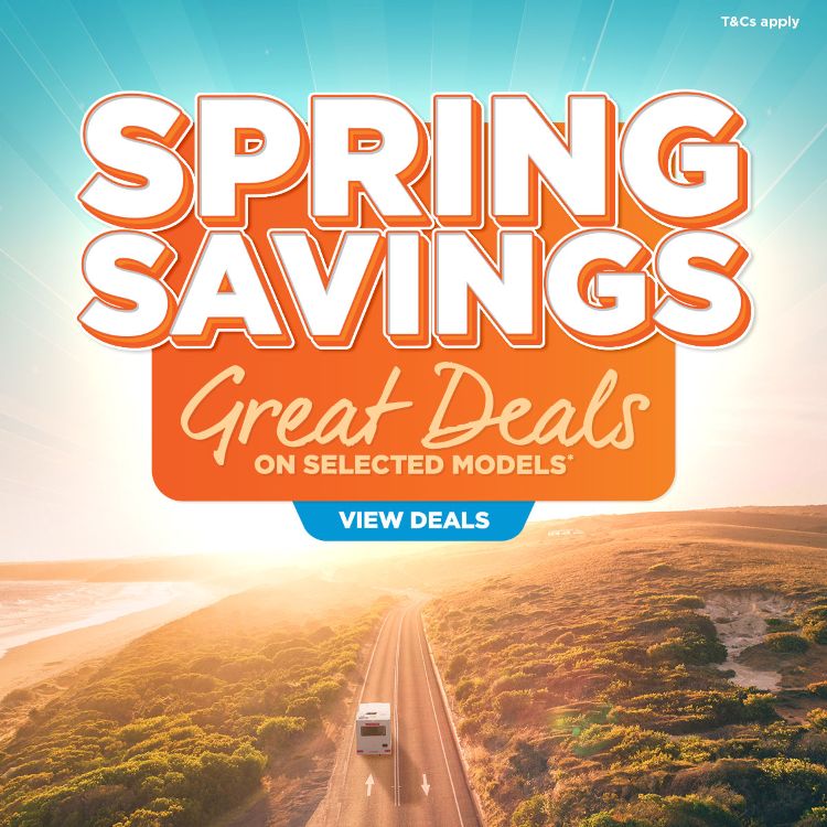 Spring Savings Sale Promo Tile Featuring Various RVs From Our Affiliated Brands Save On Selected Stock T&Cs Apply