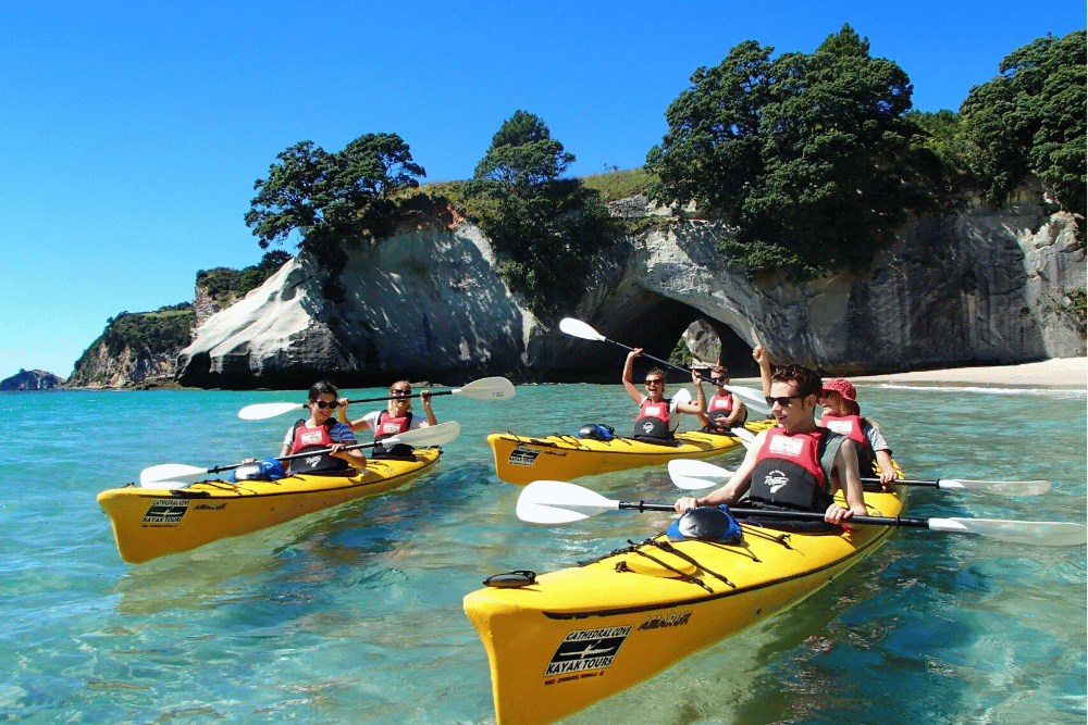 Friends Kayaking at Cathedral Cove