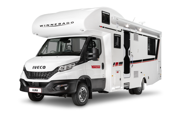 Cutout image of a Winnebago Iluka motorhome, showcasing its exterior design and features.