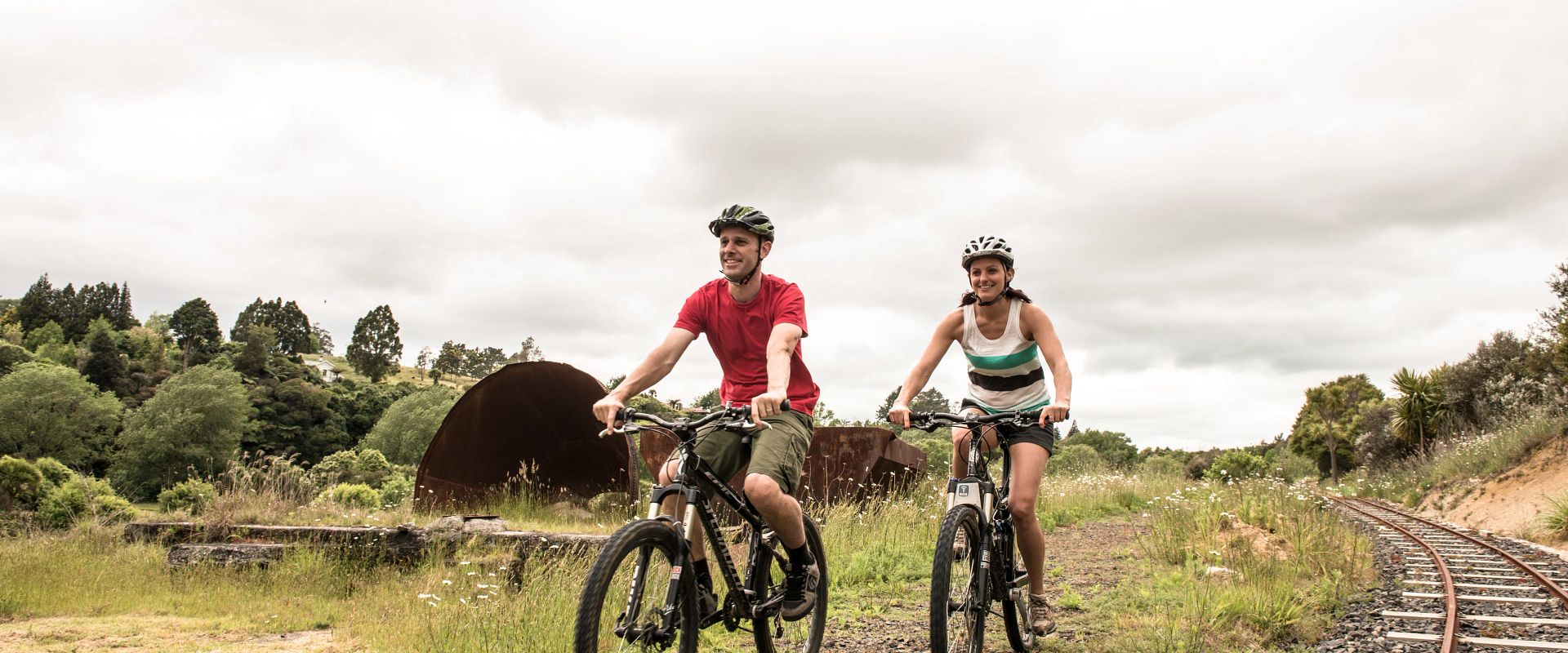 A couple riding bikes