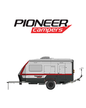 Pioneer Brand Logo And Hero Recreational Vehicle Featuring Practical, Durable Caravans Built For Road Trips, Camping, And Outdoor Exploration.