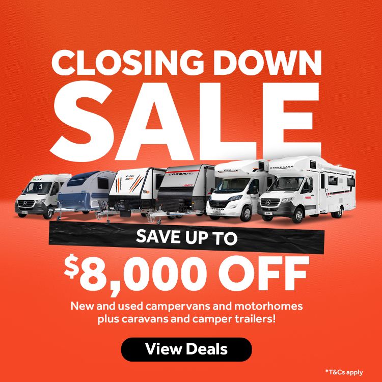 Closing Down Sale Promo Tile Featuring Various RVs From Our Affiliated Brands Save On Selected Stock T&Cs Apply