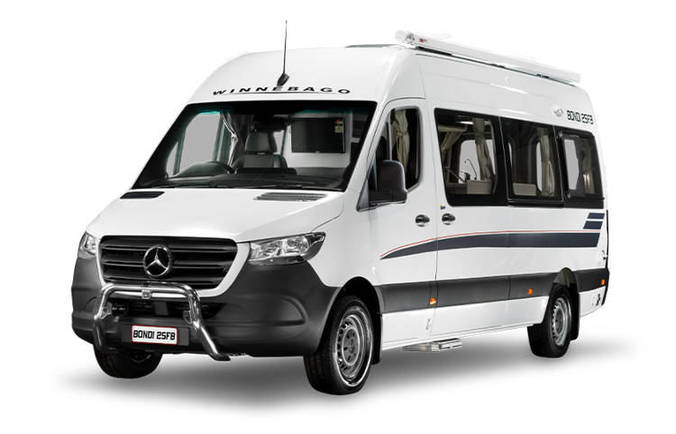 Cutout image of a Winnebago Bondi 2SFB campervan, showcasing its exterior design and features.
