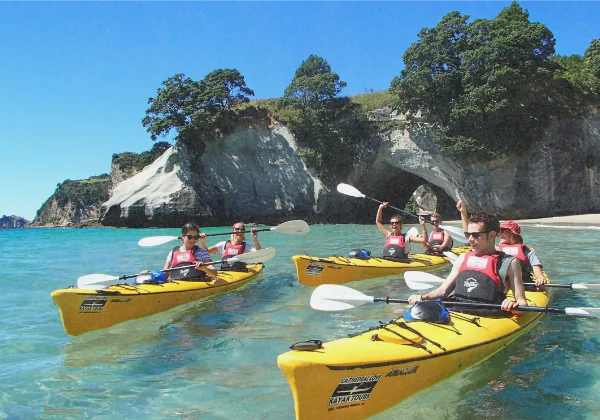 Kayakers about to explore around Cathedral Cove