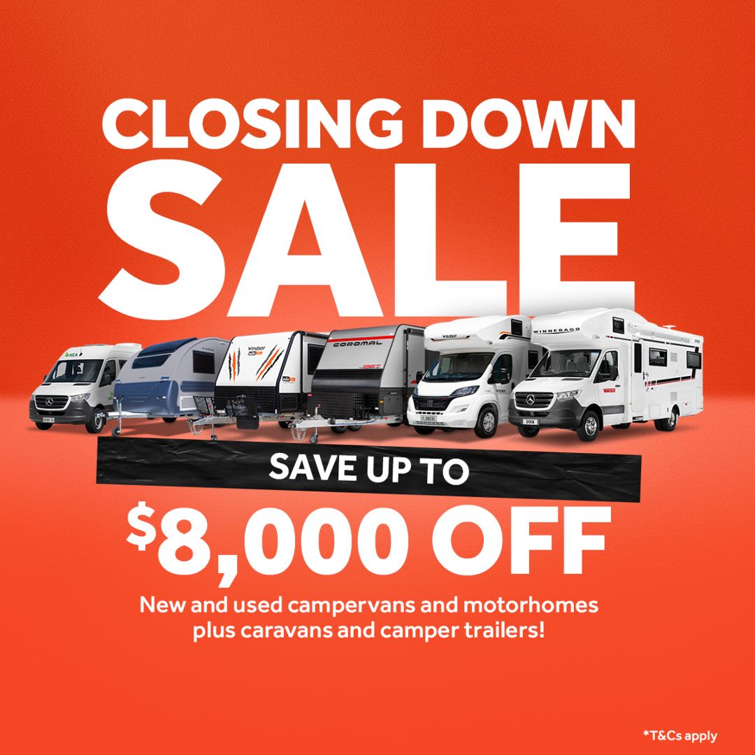 Closing Down Sale Promo Tile Featuring Various RVs From Our Brands Save On Selected Stock T&Cs Apply