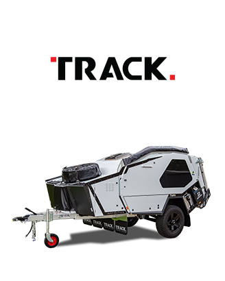 Track Brand Logo And Hero Recreational Vehicle Showcasing Off-Road Caravans Engineered For Adventure And Designed For Rugged Terrain.