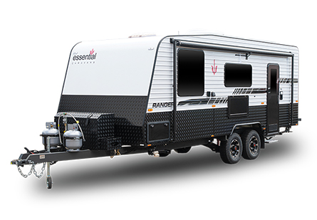 A white cutout image of an Essential Caravan, Ranger Semi-Off Road model, showcasing its sleek design and modern features. The caravan is isolated against a white background.