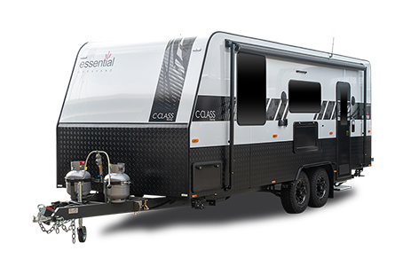 A white cutout image of an Essential Caravan, C Class touring model, showcasing its sleek design and modern features. The caravan is isolated against a white background.