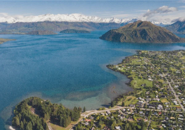 High altitude view of Wanaka and lake