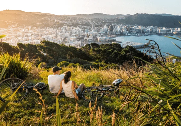 2 cyclists taking a break looking at the views over Wellington harbour from a hill top