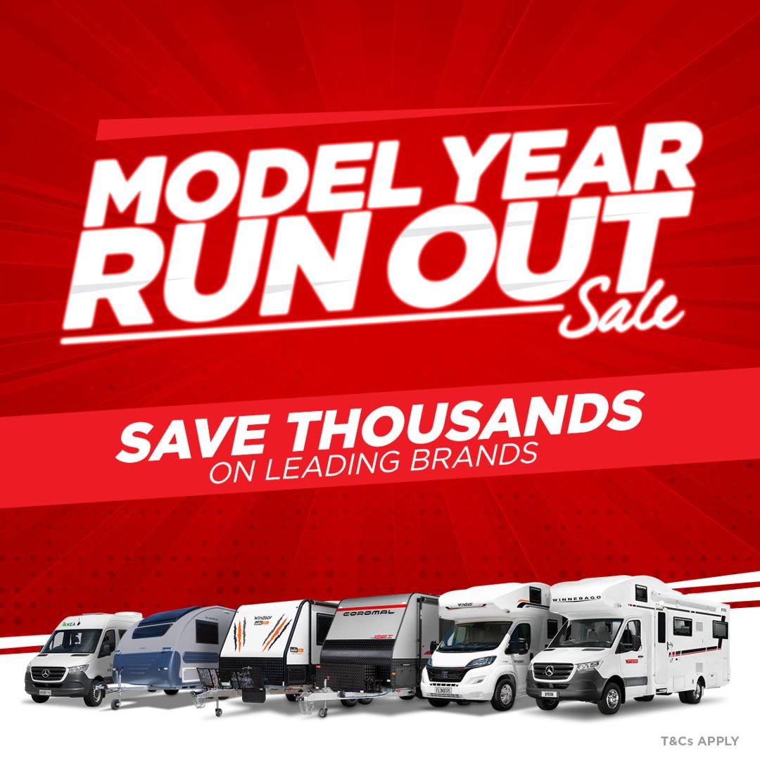 Model Year Run out Sale Promo Tile Featuring Various RVs From Our Affiliated Brands. Save On Selected Stock T&Cs Apply