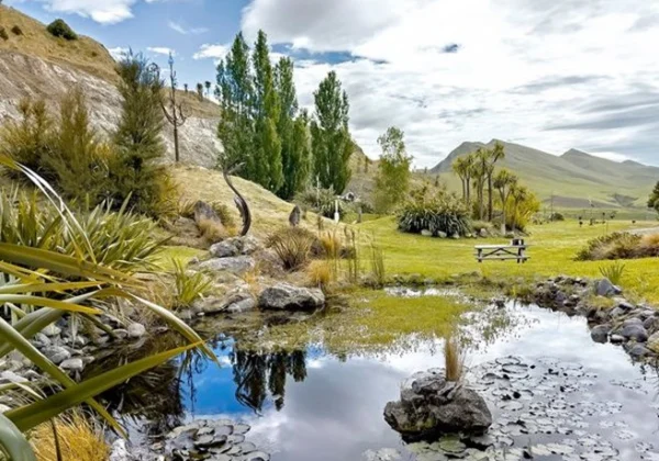 Small pond with a picnic table