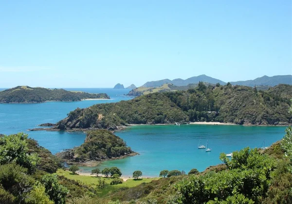 Tree covered islands and blue ocean