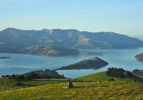 Hill top view of a lake and mountains