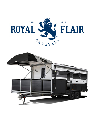 Royal Flair Brand Logo And Hero Recreational Vehicle Featuring High-Performance Off-Road Caravans Designed For Serious Adventurers And Outdoor Enthusiasts.