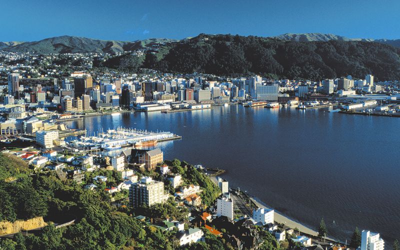 View over Wellington from Mt Victoria. With city, suburb & harbour views. 
