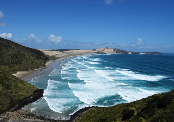 Surf rolling in around sand dunes and bush covered hills