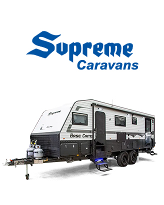 Supreme Brand Logo And Hero Recreational Vehicle Showcasing Premium Caravans Known For Their Spacious Interiors And Top-Tier Build Quality.