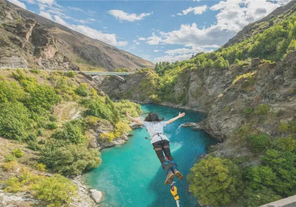 Bungy jumping over a river surrounded with bush