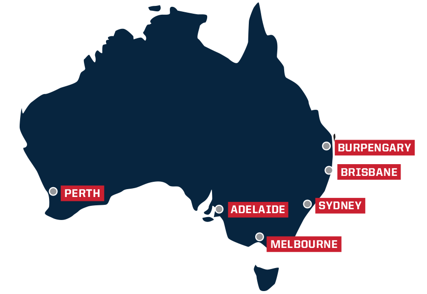 Nationwide support network map of Australia, including service centres and dealerships.