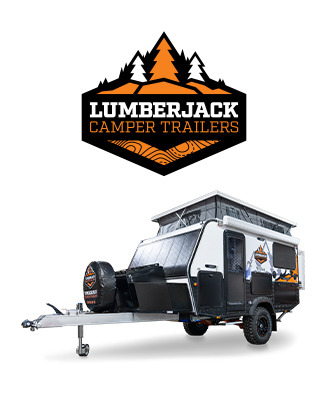 Lumberjack Brand Logo And Hero Recreational Vehicle Featuring Tough, Rugged Caravans Designed For Off-Road Adventures And Family Getaways.