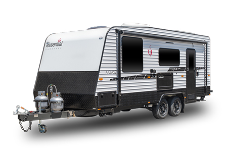 A white cutout image of an Essential Caravan, A Class model, showcasing its sleek design and modern features. The caravan is isolated against a white background.