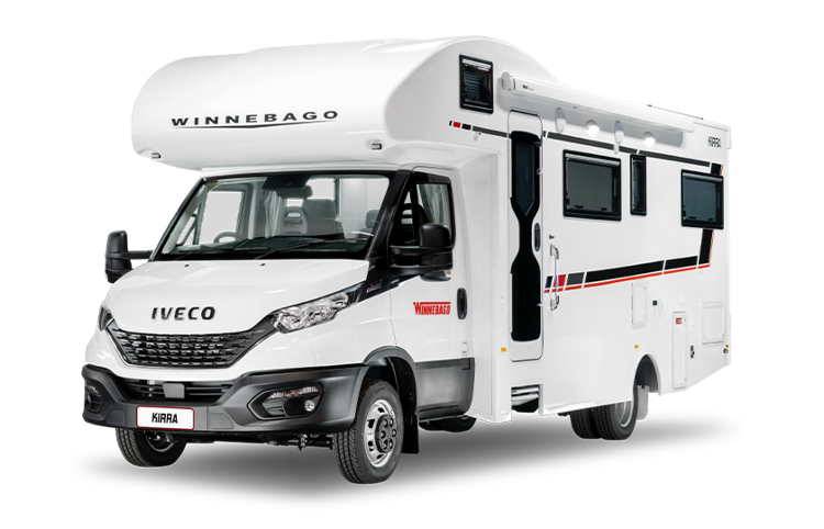 Cutout image of a Winnebago Kirra motorhome, showcasing its exterior design and features.