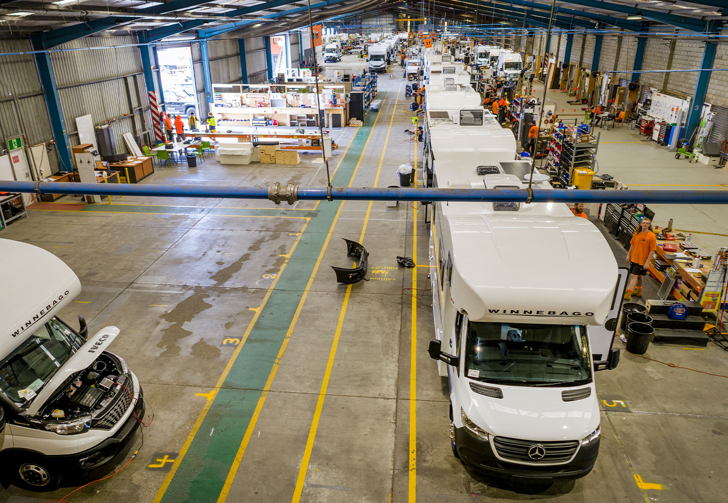 Image of the Winnebago vehicle assembly line showcasing the innovation, quality and craftsmanship of Winnebago Australia.