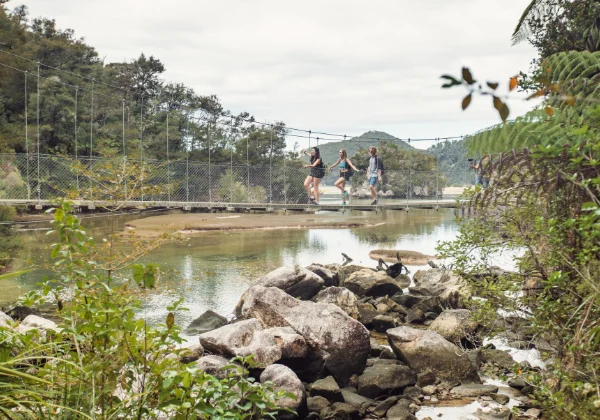 Three people walking over a wire bridge crossing a stream