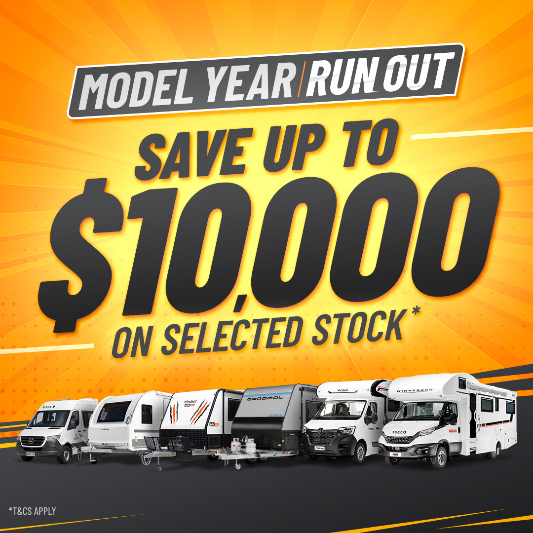 Model Year Run Out Sale Promo Tile Featuring Various RVs From Our Affiliated Brands Save Up To $10,000 On Selected Stock T&Cs Apply