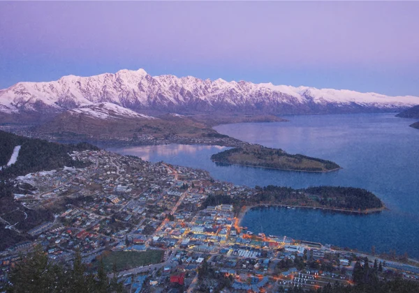 Aerial view of Queenstown at dusk