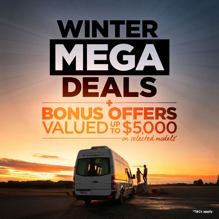 Winter Mega Deals Sale Promo Tile Featuring Various RVs From Our Affiliated Brands Save On Selected Stock T&Cs Apply